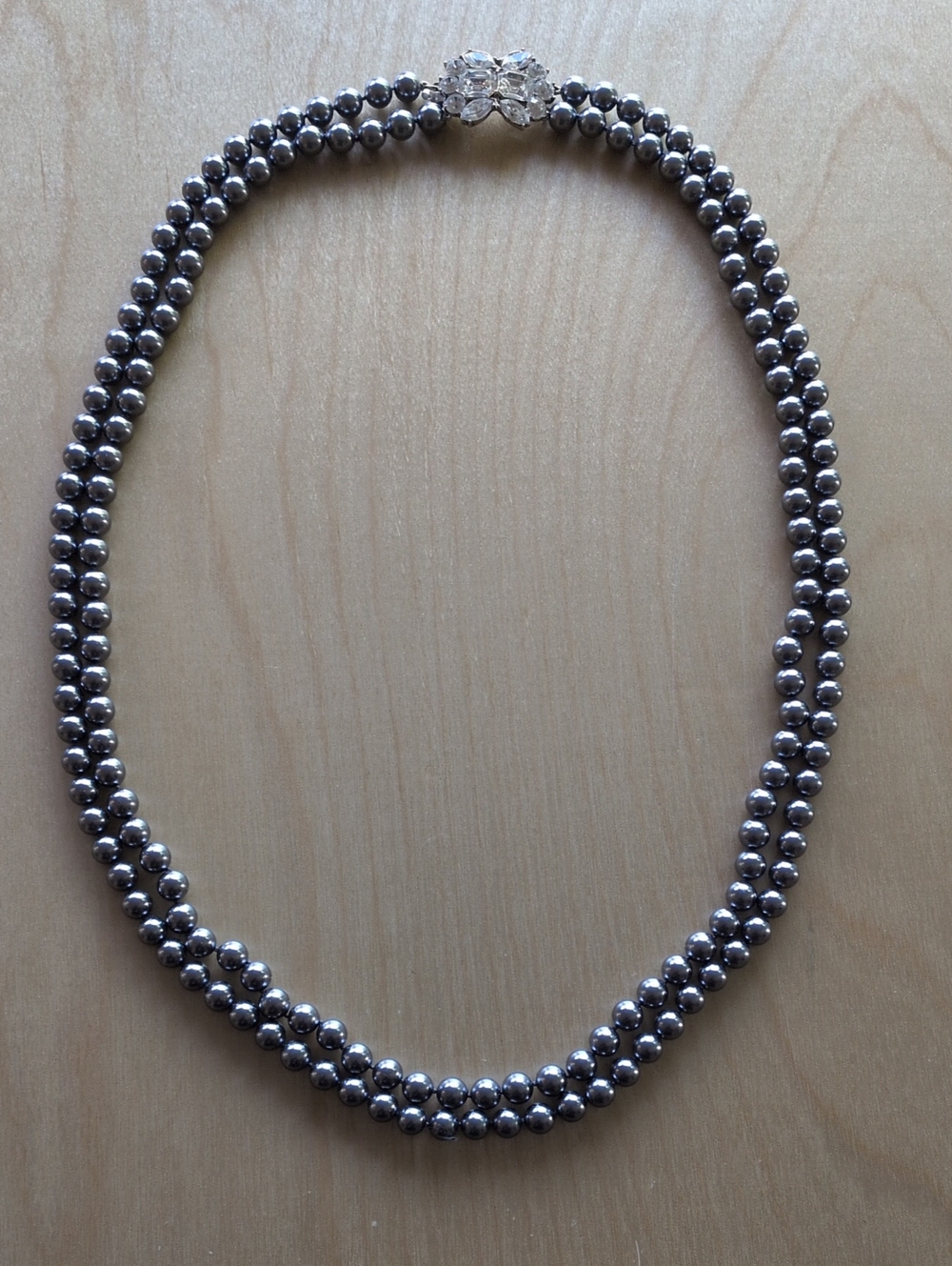 TCA Vintage Faux Pearl Necklace With Sterling And Rhinestone Clasp 29+ Inches